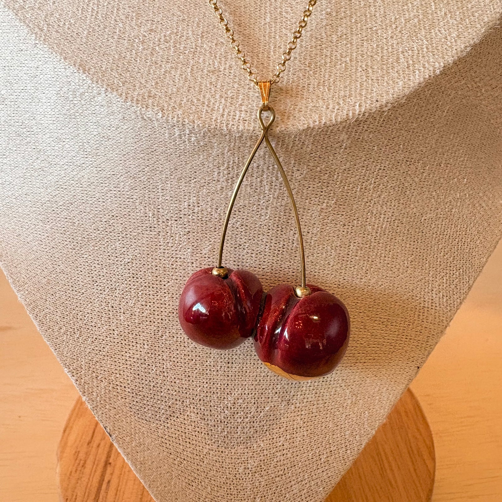 Ceramic Cherry Necklace - Burgundy