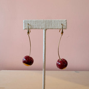 Ceramic Cherry Earrings - Burgundy