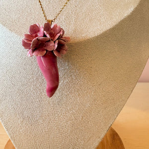Ceramic Flowered Lucky Horn Necklace - Pink