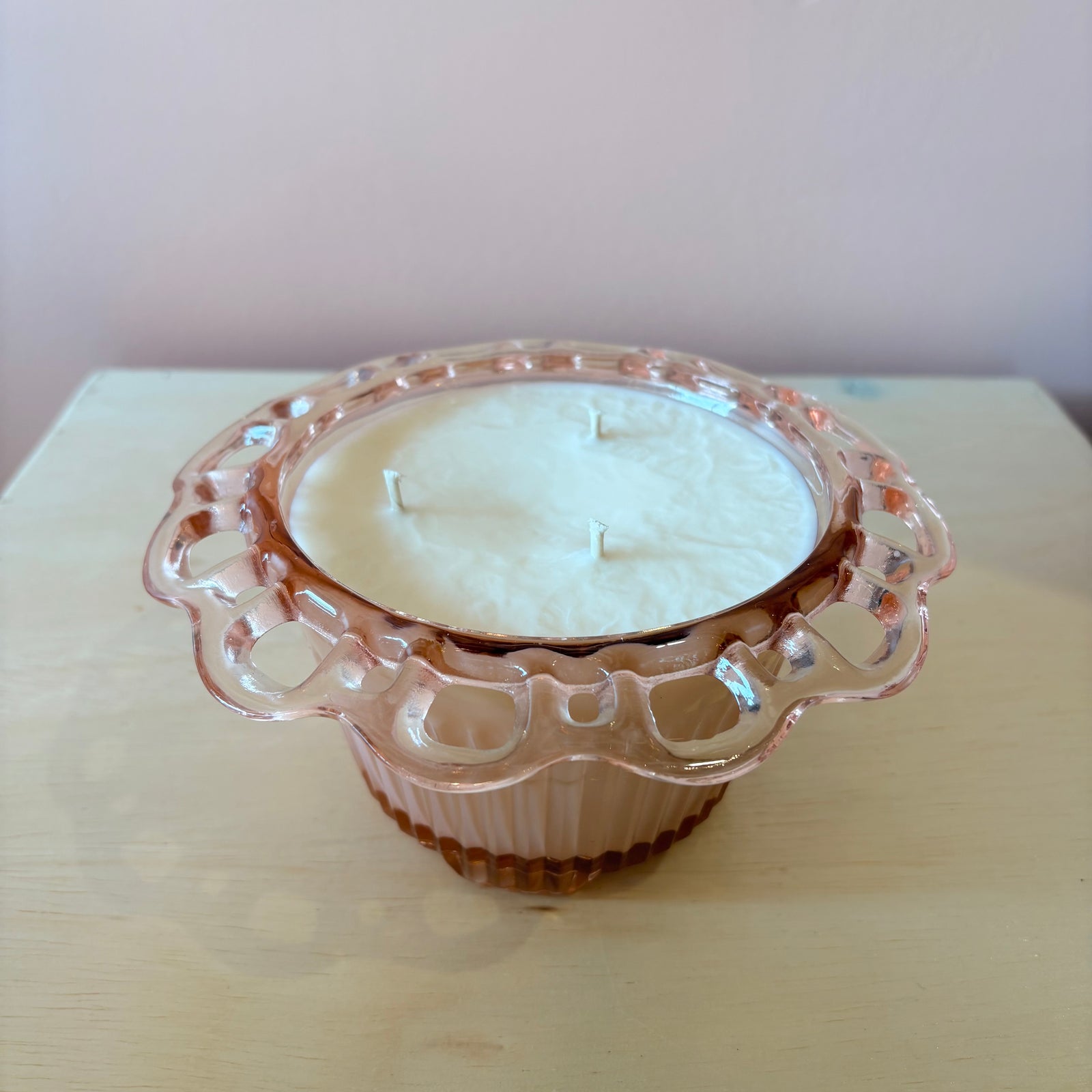 “Modge Podge” Pink Depression Glass Candle